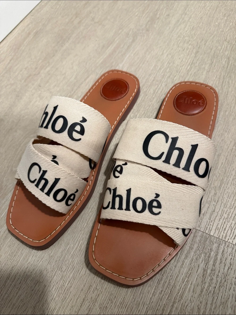 Women's Beige Logo Canvas Slide Sandals